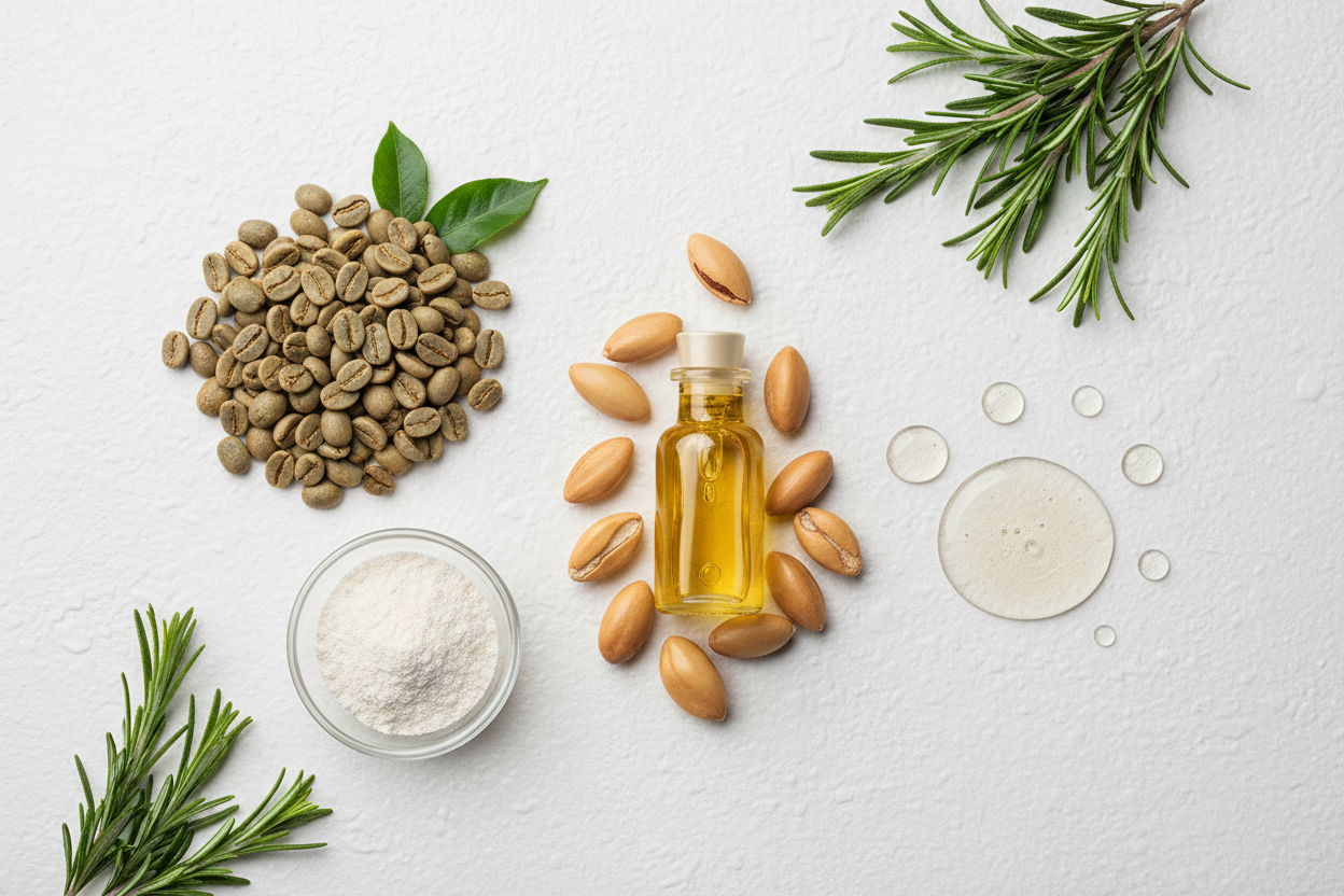 Create an image showcasing the hero ingredients of my product. Caffeine, Biotin, Argan oil, Hyaluronic acid, Rosemary